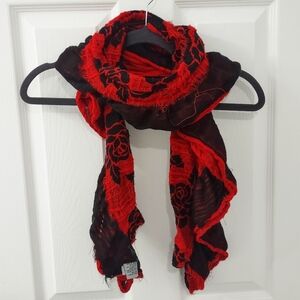 Charming Charlie Black Red Floral Frilly Ruffles Scarf